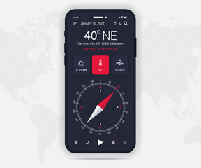 Compass app UI UX GUI concept, Map GPS app on screen smartphone navigation, Phone weather, application compass for navigator, app map, North West South East navigate technology, Vector illustration © PST Vector