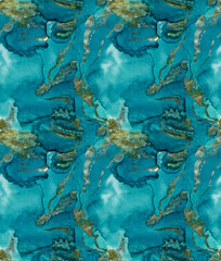 Fototapeta na wymiar Watercolor seamless pattern of waves of blue-green teal paint wash with golden foil and gold paint as marbling