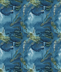 Watercolor seamless pattern of waves of indigo blue paint wash with liquid golden foil and gold paint as marbling