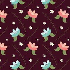 Floral pattern with sprigs of heart-shaped leaves in flat style on a dark background