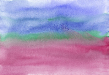Watercolor calm blue, pink, green background texture. Stains on paper, hand painted.