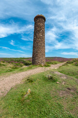 Chimney of Wheal Coates tin mines with colorful flowers and heather in the background,Cornwall,England,UK.