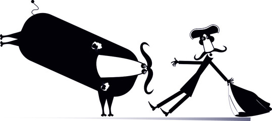 Cartoon bullfighter and a bull isolated illustration. 
Cartoon long mustache bullfighter with a matador cape and angry bull black on white background
