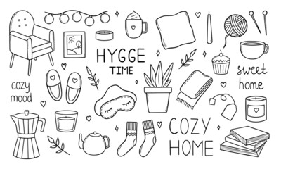 Hand drawn set of home hygge doodles. Coziness and comfortable lifestyle, cozy home. Cushion, house plant, mask for sleep, socks in sketch style.  Vector illustration isolated on white background.
