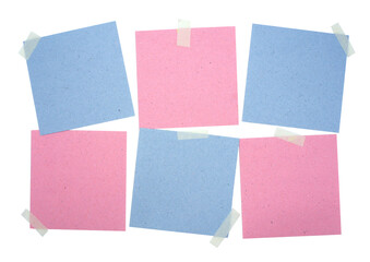 Set of square paper notes isolated on white background. Pink and blue paper sheets with sticky...