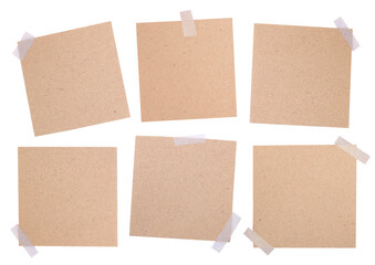 Collection of vintage kraft paper sheets with sticky tape. Set of square paper notes isolated on...