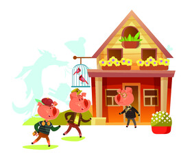 Three pigs. Old fairy tales in a new way. Three little pigs and a gray wolf. Episode 3