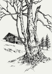 Mountain wooden hut, old tree trunk in winter. Hand drawn landscape