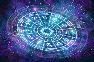 Zodiac circle on the background of the dark cosmos. Astrology. The science of stars and planets. Secret Esoteric Science