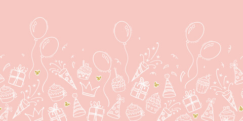 Fun hand drawn party seamless background with cakes, gift boxes, balloons and party decoration. Great for birthday parties, textiles, banners, wallpapers, wrapping - vector design