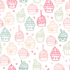 Cute hand drawn cupcakes seamless pattern, sweet background, great for textiles, banners, wallpapers, wrapping - vector design
