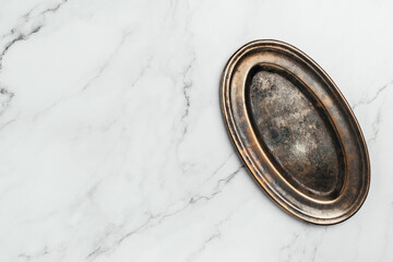 Vintage plate dish on light background, Vintage kitchen utensils. top view, copy space