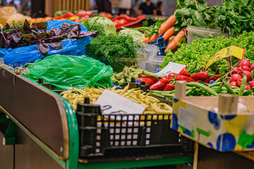 Fresh vegetables for sale at the local ecological market. Rack with organic vegetables. We sell fresh vegetables.