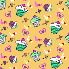 Vector seamless love symbol half-drop pattern, with stylish hearts, cupcake and word 
