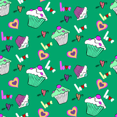 Vector seamless love symbol pattern, with stylish hearts and word 