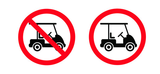 Stop, no Hobby golf cart or golf car icon. Cartoon vector silhouette logo or pictogram. No ban, sport, vehicle transport. Outline, Car for golfers. Do not use cars.