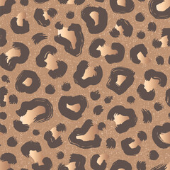 Leopard skin. Luxury animalistic ornament. Abstract vector seamless pattern in brown, beige, and khaki colors. Hand-drawn style illustration. Stains and strokes of paint. Fashion design for textile.