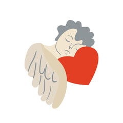 Cute renaissance cupid sleep on the red heart. Baby angel. Vector flat illustration.