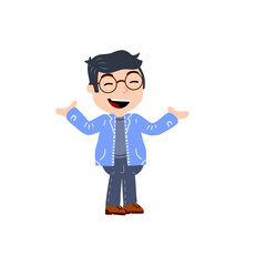 Little boy with glasses. Happy smart child throws up his hands.