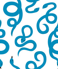 Seamless pattern with blue various snakes. Mystical boho flat vector background. 