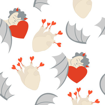 Cute Seamless Pattern With Demon Cupids And Anatomical Hearts. Renaissance Angel With Bat's Wings And Horns. Vector Background.