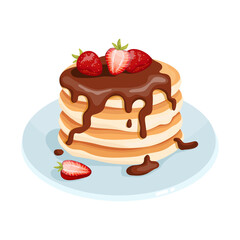 Pancakes with chocolate icing and fresh strawberries.Cartoon vector graphics.