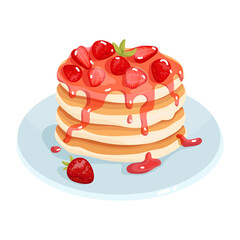 Pancakes with berry strawberry jam.Cartoon vector graphics.