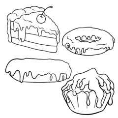Monochrome images of desserts for coloring books and postcards. Vector illustration