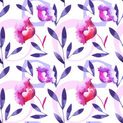 Fototapeta na wymiar Seamless pattern, with floral and geometric designs in shades of purple and blue