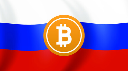 Russia and central bank accepting bitcoin as currency modern creative banner, sign, design concept featuring russian flag and bitcoin logo 