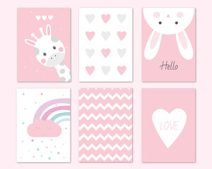 baby shower card / pink printable set / little girl / posters / cute animals