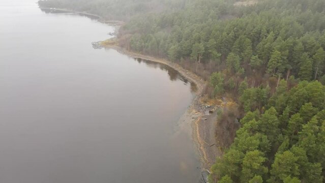 Karelia, Onega Lake, Petrozavodsk Bay. Aerial video showing the forest and the coast, near the botanical garden. The water surface of the lake and the autumn forest. Vacation in Russia concept.