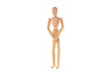 a wooden man stands holding his hands to the groin isolated on a white background