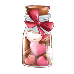 bottle, cookie hearts, valentine's day, drawing, sticker, holiday, gift, cookies, holiday, illustration, february, packaging with cookies, sweet