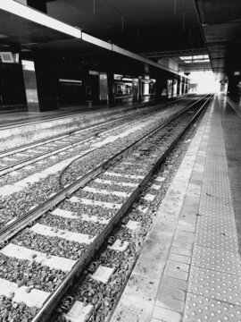 the tracks of a railway station. black and white photos 