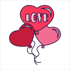 Retro Valentine Day icon gift balloons of heart shape. Love symbol in the fashionable pop line art style. The cute balls with a sign in soft pink, red, and coral color. Vector illustration isolated on
