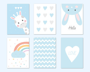 baby shower card / blue printable set / little boy / posters /  newborn / rainbow / bunny / rabbit