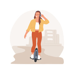 Electric unicycle abstract concept vector illustration. Young teenage girl with modern electric unicycle riding through city, using monowheel scooter, physical activity abstract metaphor. © Vector Juice