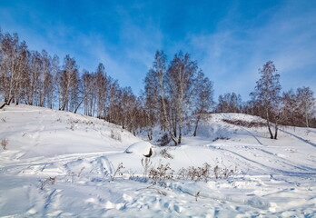 Winter landscape with birch trees on the mountain bank of the river, snow and blue sky with clouds
