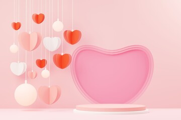 3d render minimal sweet scene with display podium for mock up and product brand presentation. Pink Pedestal stand for Valentine's Day's theme. Cute lovely heart background. Love day's design style.