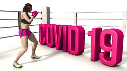 3D illustration of a boxer fighting the Covid-19 text