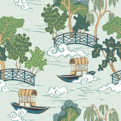 Chinese vintage landscape seamless pattern. Chinoiserie river, bridge, boat, tree wallpaper.