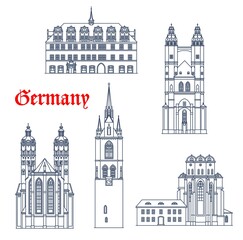 Germany architecture buildings, cathedrals and churches of Halle and Naumburg, vector. German travel landmarks Saale rathaus, Halle Dom cathedral and Marktkirche church in Sachsen Anhalt