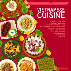 Vietnamese cuisine menu cover template. Stir fried frog legs, fried fish with rice and stuffed bitter melon, shrimp soup, grilled quails and bacon wrapped mushrooms, beef soup, sea cucumber in sauce