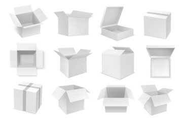 White cardboard, carton and paper box package vector mockups. Isolated realistic delivery boxes, open and closed packs, blank parcels and empty containers with lids, 3d square and rectangular boxes