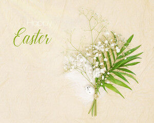 Holiday card with bouquet consisting of palm leaves, gypsophila and feathers. Easter composition...