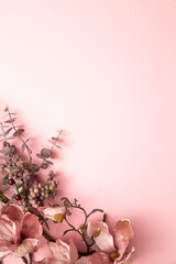 Summer pink flowers in bloom with berries on the pastel background. Trendy minimal flat lay concept design.