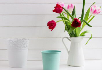 Blurred tulips wooden background