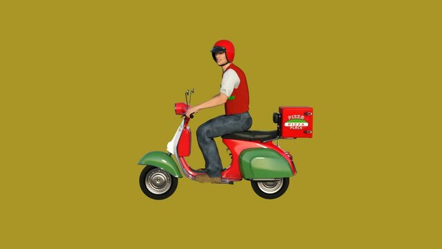 3D deliverer rides pitsa on moped , animation, transparent background