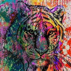 Foto op Canvas Bright abstract colorful background with tiger, paint splashes color art © reznik_val